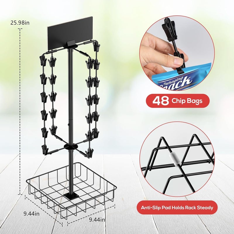 TJMOREE Chip Rack Display Stand, Chip Bag Holder for Party 360° Rotating 48 Clips Countertop Snack Hanger, Snack Retail Display Rack - Image 2